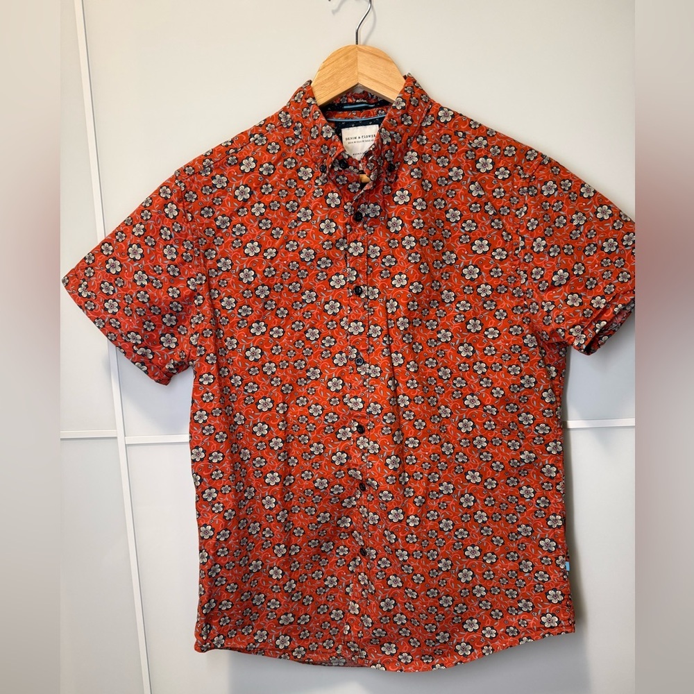 Denim & Flower Cotton Orange Floral Short-Sleeve Button-Down Shirt